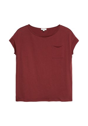 Koszulka damska z krótkim rękawem w kolorze bordowym, z okrągłym dekoltem i małą kieszonką na piersi po lewej stronie.