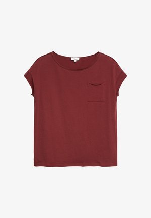 Short-sleeve, wine-red women's t-shirt with a round neckline and small chest pocket on the left side.