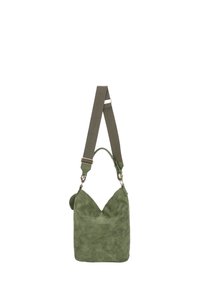 Borsa a secchiello verde in suede con ampia tracolla regolabile e una piccola pochette rotonda attaccata sul lato.