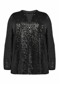 Top nero a maniche lunghe decorato con paillettes, caratterizzato da un leggero scollo a chiave, superficie testurizzata e vestibilità ampia.