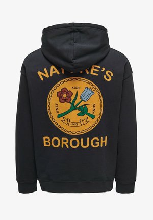 Black hoodie featuring a central circular graphic with flowers, text "NATURE'S BOROUGH," and yellow accents, made from soft cotton material.