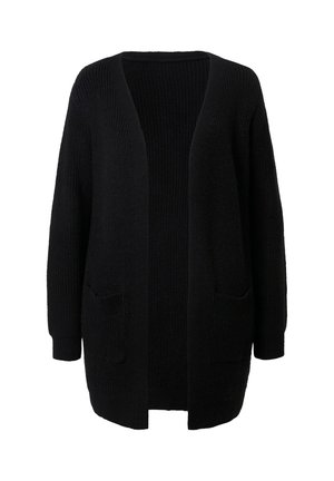 Musta neulecardigan, jossa on avonainen etuosa, pitkät hihat ja kaksi etutaskua. Rakenne, jossa on uritettu yksityiskohta.