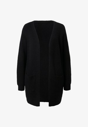 Musta neulecardigan, jossa on avonainen etuosa, pitkät hihat ja kaksi etutaskua. Rakenne, jossa on uritettu yksityiskohta.