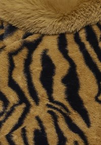 Material textil imitatie blana cu imprimeu de tigru în nuanțe de maro și negru. Are o textură moale, cu un guler pufos și aerisit, proiectat cu dungi curbe îndrăznețe.