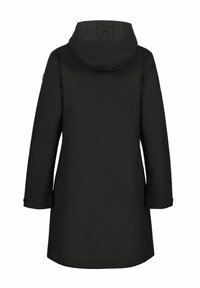 Manteau d'hiver long noir à capuche avec manches longues, brides de poignet réglables et écusson logo sur la partie supérieure de la manche, vu de dos.