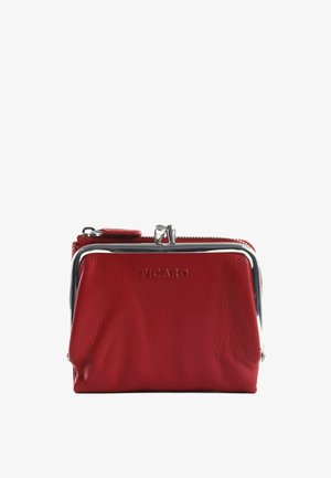 Porte-monnaie en cuir rouge avec cadre argenté et fermeture à glissière, embossé du nom de la marque « PICARD » sur le devant.