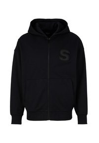 Hoodie zippé noir en mélange de coton, doté d'une poche frontale et d'un logo "S" texturé sur la poitrine gauche. Coupe classique avec des poignets côtelés.