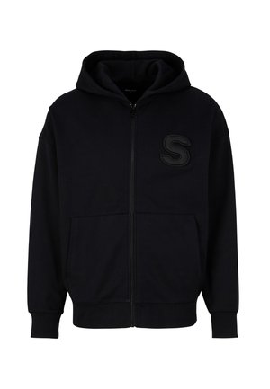 Schwarze Zip-Hoodie aus Baumwollmischung, mit einer Vordertasche und einem strukturierten "S"-Logo auf der linken Brust. Klassische Passform mit gerippten Bündchen.