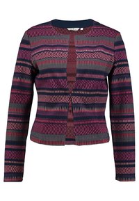 Strickjacke mit einem mehrfarbigen geometrischen Muster in Pink, Blau und Grau. Sie hat einen runden Halsausschnitt und lange Ärmel.