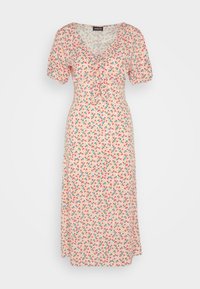 Vestido midi rosa con pequeño estampado de flores rojas y azules, mangas cortas abullonadas y detalle de lazo en el escote.
