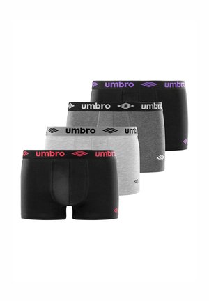 Ensemble de quatre boxers pour hommes en noir, gris foncé, gris clair et à motif, avec des ceintures élastiques agrémentées du logo Umbro.