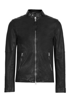Black leather jacket with a stand collar, zip closure, and two front zippered pockets. Smooth texture, fitted design, and long sleeves.