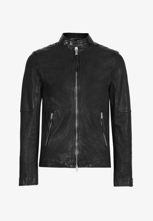 Black leather jacket with a stand collar, zip closure, and two front zippered pockets. Smooth texture, fitted design, and long sleeves.