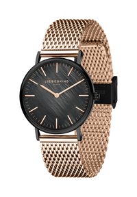 Schwarzes Zifferblatt mit Roségold-Mesh-Armband; verfügt über ein elegantes, rundes Gehäuse, minimalistische Markierungen und eine strukturierte Oberfläche auf dem Zifferblatt.