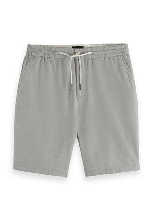 Lichtgrijze herenshort met trekkoord, elastische tailleband en zijzakken, knielengte, casual stijl.