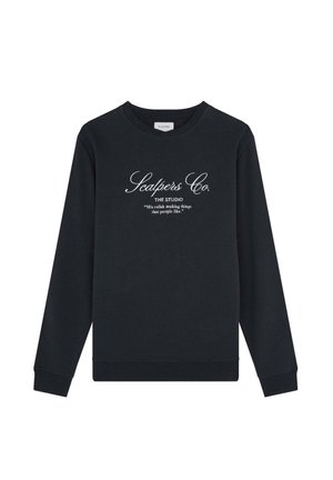 Black sweatshirt made of cotton with long sleeves, round neck, and ribbed cuffs. Features white text with brand name and quote on the front.