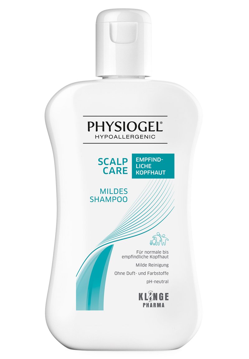 White plastic bottle of Physiogel hypoallergenic shampoo with blue accents, featuring a curved shape and a flip-top lid; text and graphics in multiple languages.