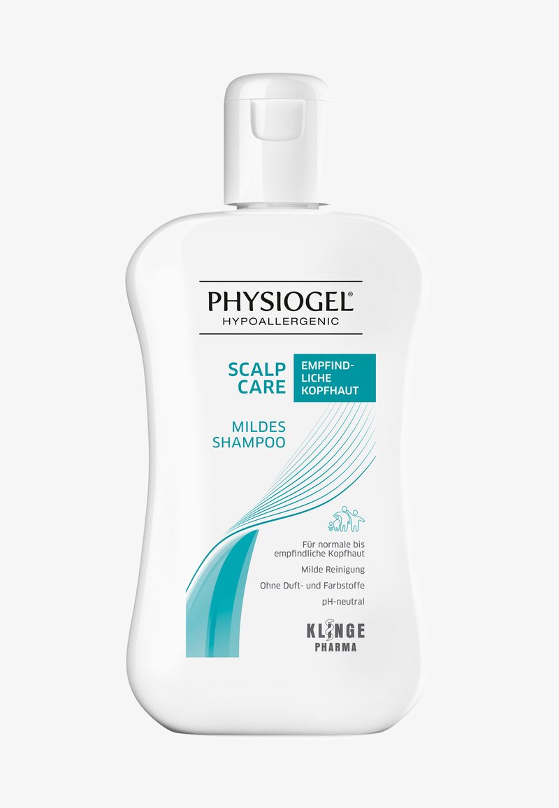 White plastic bottle of Physiogel hypoallergenic shampoo with blue accents, featuring a curved shape and a flip-top lid; text and graphics in multiple languages.