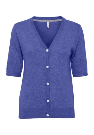 Lühikeste varrukatega V-kaelusega lilla kardigan, mille esiosas on kuus nööpi ja soonikääred. Valmistatud pehmest kudumismaterjalist.