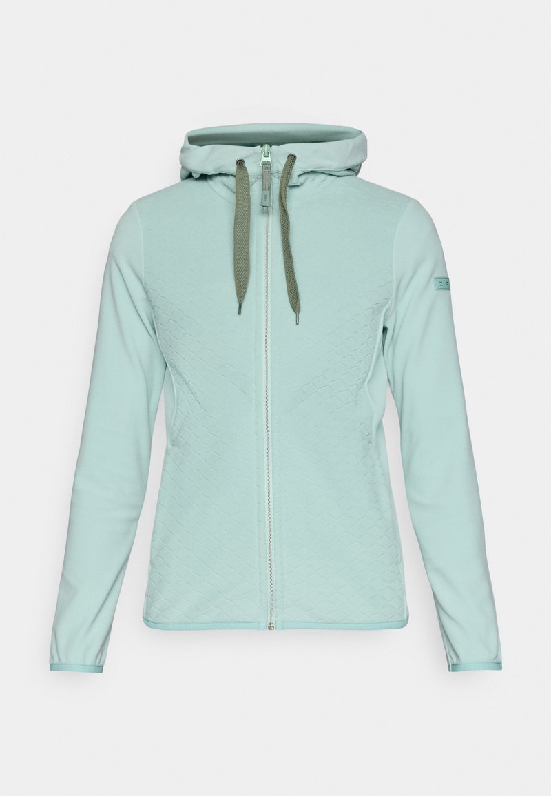 Helle mintgrüne Kapuzenjacke mit durchgehendem Reißverschluss, strukturiertem Rautenmuster auf der Vorderseite und kontrastierenden Zugbändern.