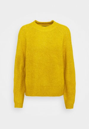 Gelber gestrickter Pullover mit Rundhalsausschnitt, langen Ärmeln und Rippstruktur. Hat einen lockeren Schnitt und eine einfarbige Gestaltung ohne Muster.
