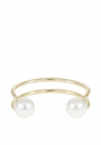 Guldtonad armband med två vita pärla-konturer i vardera ände, med en slät, polerad yta och öppen design för justerbar passform.