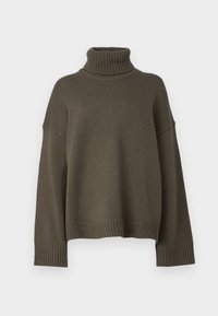 Overdimensjonert genser med høy hals i olivengrønn, laget av teksturert strikket stoff. Har ribbestrikkede mansjetter og hem, som gir en koselig og avslappet passform.