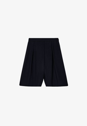 Pantaloncini plissettati blu navy con vita strutturata, tasche laterali e tessuto liscio e texturizzato. Silhouette sartoriale per un look raffinato.