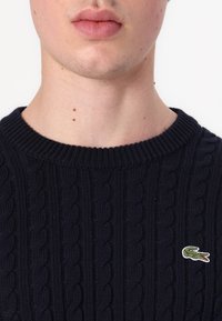 Mornarsko pulover s pletenico, ki ima rebrast ovratnik in majhen zeleni krokodilov logo na levem prsnem delu.