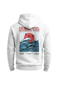 White hoodie with a graphic of blue ocean waves, a red sun, three black birds, and Japanese text above, plus English phrases below.