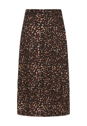 Knie-lange rok met donkerbruine en zwarte luipaardprint, aansluitende tailleband en licht uitlopende zoom.