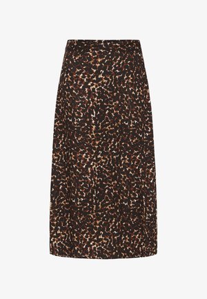 Knee-length skirt with dark brown and black leopard print pattern, fitted waistband, and slightly flared hem.
