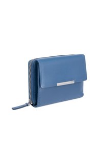 Blue leather wallet with a front flap, silver hardware strip, and zipper closure. Features a sleek design and smooth texture.