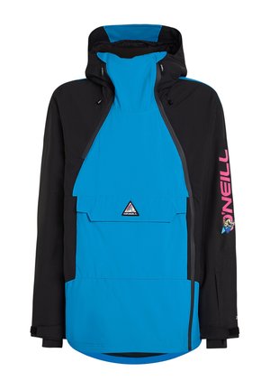 Modrá a čierna nepremokavá bunda s kapucňou, ktorá má predné vrecko, nastaviteľné manžety a logo na rukáve. Predné zapínanie na zips.