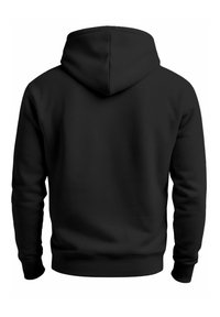 Black hooded sweatshirt with a smooth texture, long sleeves, and a ribbed hem and cuffs. Features a classic design and a pullover style.