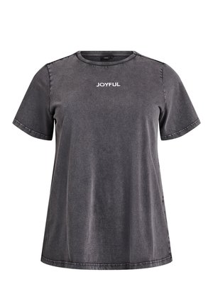 Donkergrijs T-shirt met korte mouwen en een ronde hals, met het woord "JOYFUL" in het wit gecentreerd op de borst gedrukt.