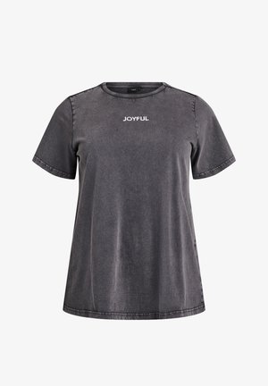 Camiseta de manga corta de color gris oscuro con cuello redondo y la palabra "JOYFUL" impresa en blanco, centrada en el pecho.