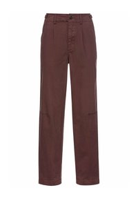Burgundy cotton trousers with a relaxed fit, featuring a button closure, side pockets, and light pleats for added detail.