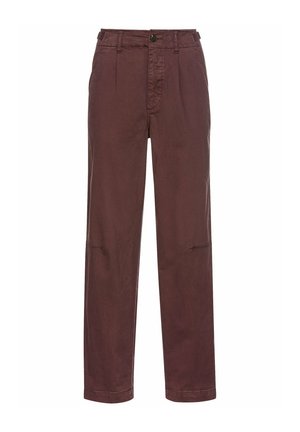 Bordeaux katoenen broek met een relaxte pasvorm, voorzien van een knoopsluiting, zijzakken en lichte plooien voor extra detail.