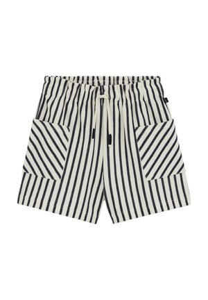 Pantaloncini a righe verticali bianche e nere in maglia, con vita elasticizzata, coulisse e due grandi tasche frontali con righe diagonali.