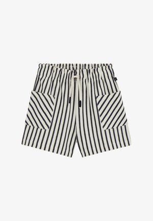 Pantaloncini a righe verticali bianche e nere in maglia, con vita elasticizzata, coulisse e due grandi tasche frontali con righe diagonali.
