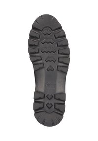 Suola di scarpa in gomma nera con scanalature profonde, caratterizzata da schemi a zigzag e a onda in rilievo per una maggiore aderenza. Logo inciso al centro.