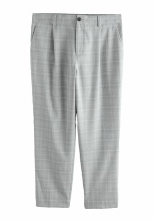 Pantalon habillé pour hommes gris clair avec motif à carreaux subtil, fermeture à bouton et fermeture éclair à l'avant, et poches latérales.