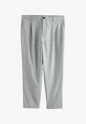 Svetlosivé pánske spoločenské nohavice s jemným károvaným vzorom, zapínaním na predné gombíky a zips, a bočnými vreckami.