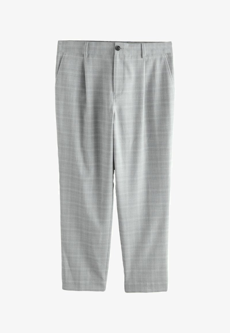 Pantalon habillé pour hommes gris clair avec motif à carreaux subtil, fermeture à bouton et fermeture éclair à l'avant, et poches latérales.