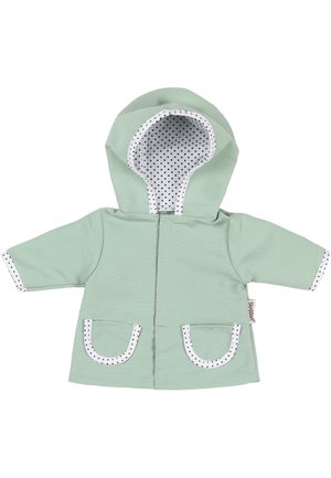 Veste bébé vert clair avec capuche doublée en tissu blanc à pois noirs, bordure assortie aux poches et aux poignets, fermeture devant.