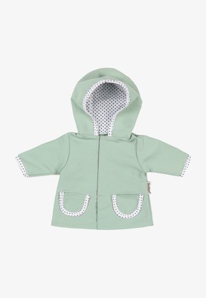 Lichtgroene babyjas met capuchon gevoerd met witte stof met zwarte stippen, bijpassende afwerking aan zakken en manchetten, sluiting aan de voorkant.