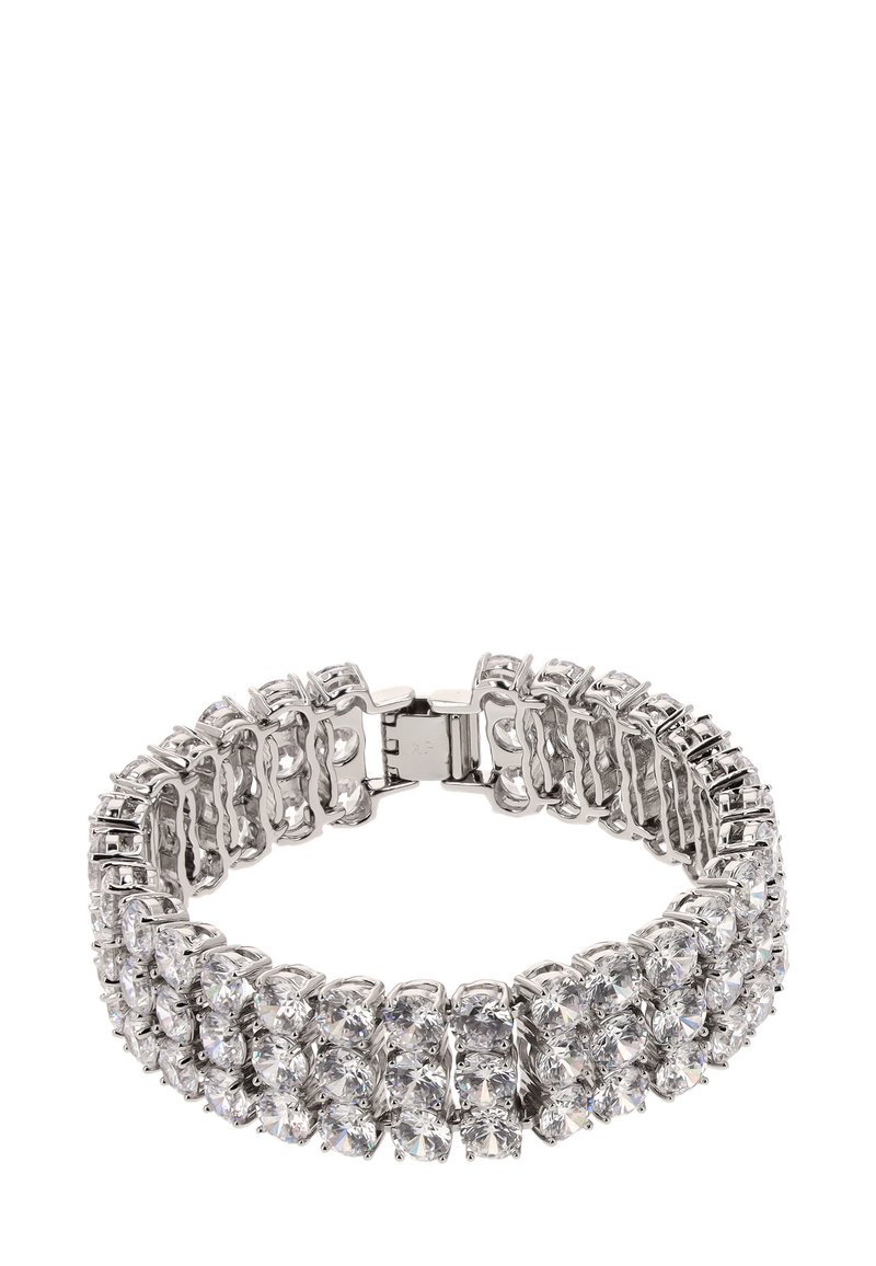 Ezüst színű karkötő, amely több sor kerek, világos strasszkövet tartalmaz. A dizájn rugalmas és biztos zárszerkezettel rendelkezik.