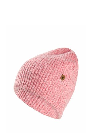 Pink knitted beanie with a textured ribbed design. Features a small brown logo tag on the side. Designed for warmth and comfort.