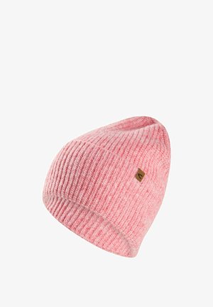 Pink knitted beanie with a textured ribbed design. Features a small brown logo tag on the side. Designed for warmth and comfort.